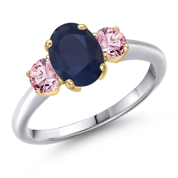 Gem Stone King 925 Silver and 10K Yellow Gold Blue Sapphire and Pink Lab Grown Diamond Engagement Ring for Women | 2.30 Cttw | Oval 8X6MM | Gemstone September Birthstone | Size 6