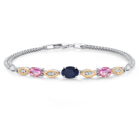 Gem Stone King 925 Silver and 10K Yellow Gold Blue Sapphire and Pink Sapphire and White Lab Grown Diamond Bracelet for Women (2.26 Cttw, Gemstone September Birthstone, Oval, Wheat Chain, 6.5 inches)