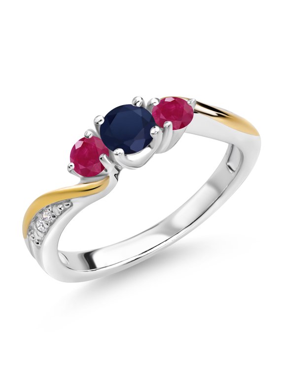 925 Silver and 10K Yellow Gold Blue Sapphire Red Ruby and White Lab Grown Diamond 3 Stone Engagement Ring for Women (0.69 Cttw, September Birthstone, Size 5)