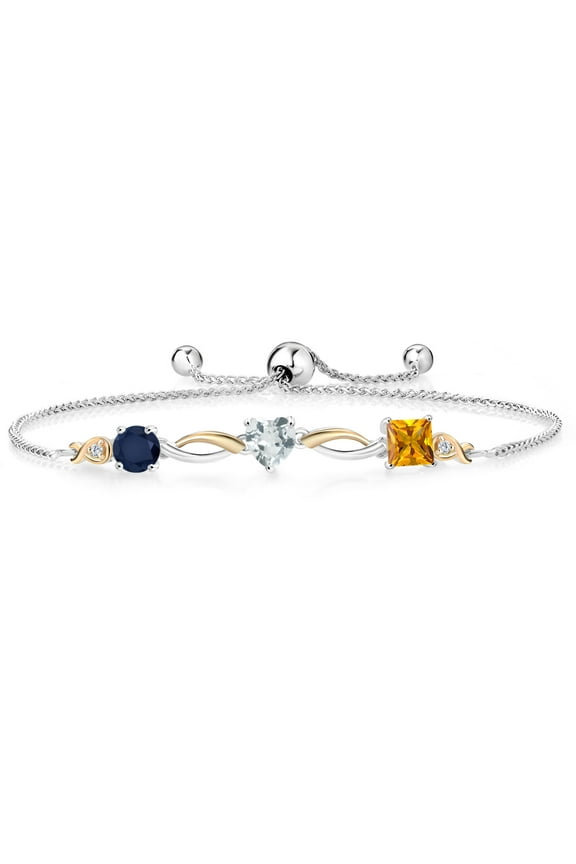 925 Silver and 10K Yellow Gold Blue Sapphire Sky Blue Aquamarine Yellow Citrine and Lab Grown Diamond Tennis Bracelet for Women By Keren Hanan (1.93 cttw, Adjustable up To 9 inch)