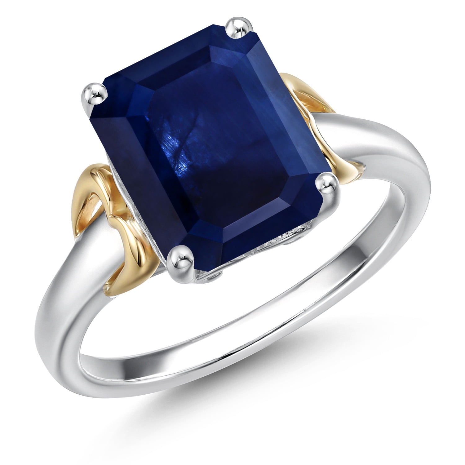 Gem Stone King 925 Silver and 10K Yellow Gold Blue Sapphire Solitaire Engagement Ring for Women | 3.45 Cttw | Octagon 10X8MM | Gemstone September Birthstone | Size 6