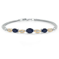 Gem Stone King 925 Silver and 10K Yellow Gold Blue Sapphire and White Lab Grown Diamond Bracelet for Women (2.17 Cttw, Gemstone September Birthstone, Oval, Wheat Chain, 7.5 inches)