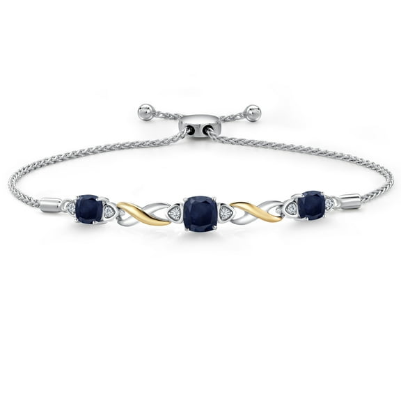 Gem Stone King 925 Silver and 10K Yellow Gold Blue Sapphire and White Lab Grown Diamond Bracelet for Women | 2.79 Cttw | Gemstone September Birthstone | Cushion 6MM and 5MM | Fully Adjustable 9 inch