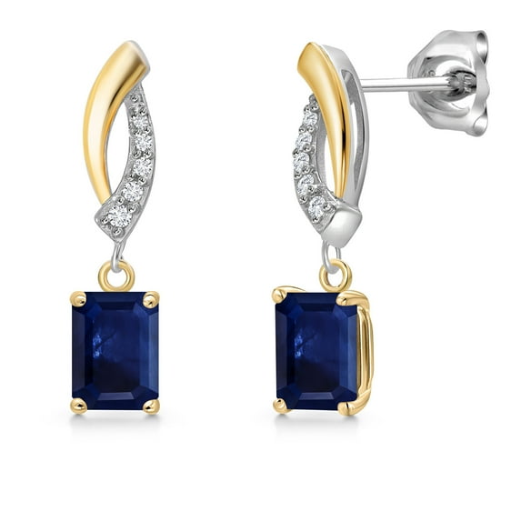Gem Stone King 925 Silver and 10K Yellow Gold Blue Sapphire and White Lab Grown Diamond Dangle Earrings for Women | 1.28 Cttw | Gemstone September Birthstone | Octagon 6X4MM