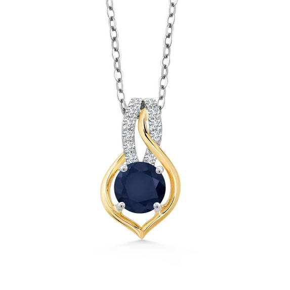 Gem Stone King 925 Silver and 10K Yellow Gold Blue Sapphire and White Lab Grown Diamond Pendant Necklace for Women | 1.21 Cttw | With 18 inch Silver Chain