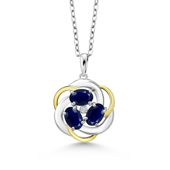 Gem Stone King 925 Silver and 10K Yellow Gold Blue Sapphire and White Lab Grown Diamond Pendant Necklace for Women | 1.68 Cttw | Gemstone September Birthstone | Oval 6X4MM | With 18 inch Chain