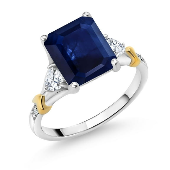 Gem Stone King 925 Silver and 10K Yellow Gold Blue Sapphire and White Moissanite and Diamond Engagement Ring for Women (3.79 Cttw, Emerald Cut 10X8MM, Trillion 3.5MM, Size 5)