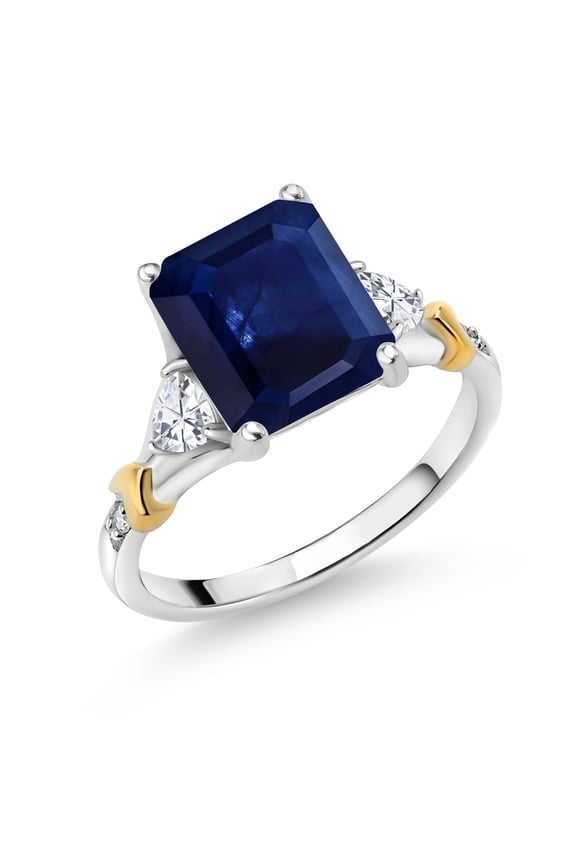 925 Silver and 10K Yellow Gold Blue Sapphire and White Moissanite and Diamond Engagement Ring for Women (3.79 Cttw, Emerald Cut 10X8MM, Trillion 3.5MM, Size 8)