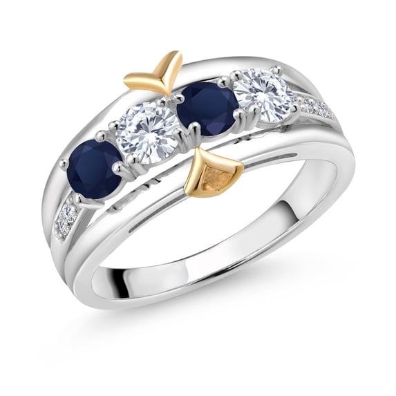 Gem Stone King 925 Silver and 10K Yellow Gold Blue Sapphire White Moissanite and Lab Grown Diamond Ring for Women (1.21 Cttw, Size 5)
