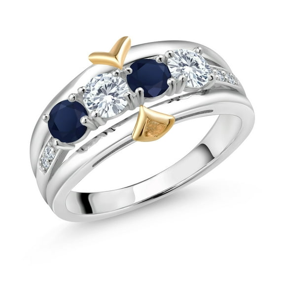 Gem Stone King 925 Silver and 10K Yellow Gold Blue Sapphire White Moissanite and Lab Grown Diamond Ring for Women (1.21 Cttw, Size 5)