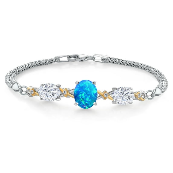Gem Stone King 925 Silver and 10K Yellow Gold Blue Simulated Opal White Moissanite and White Lab Grown Diamond Bracelet for Women (3.91 Cttw, Oval 10X8MM and 8X6MM, 6.5/7/7.5 inch, Made in Italy)
