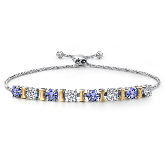 Gem Stone King 925 Silver and 10K Yellow Gold Blue Tanzanite and Lab Grown Diamond Bracelet for Women | 2.28 Cttw | Gemstone December Birthstone | Round 4MM | Adjustable up to 9 inch