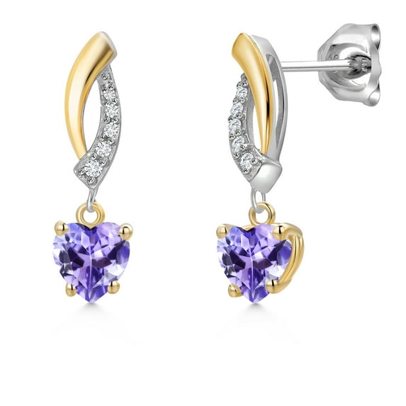 Gem Stone King 925 Silver and 10K Yellow Gold Blue Tanzanite and White Lab Grown Diamond Dangle Earrings for Women | 1.05 Cttw | Gemstone December Birthstone | Heart Shape 5MM