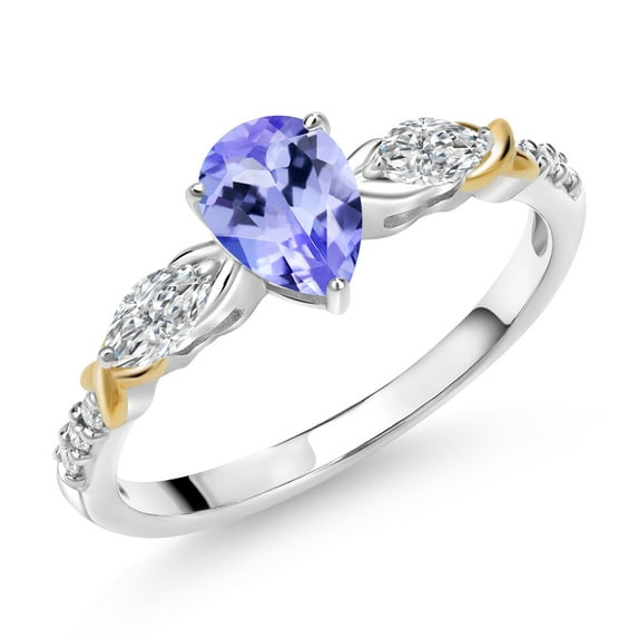 Gem Stone King 925 Silver and 10K Yellow Gold Blue Tanzanite and and White Lab Grown Diamond Engagement Ring | 0.95 Cttw | Pear Shape 7X5MM | December Birthstone | Available in Size 5,6,7,8,9