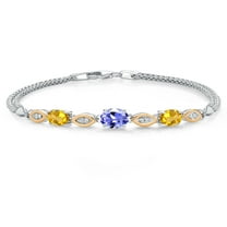 Gem Stone King 925 Silver and 10K Yellow Gold Blue Tanzanite and Yellow Citrine and White Lab Grown Diamond Bracelet for Women (1.71 Cttw, Gemstone December Birthstone, Oval, Wheat Chain, 6.5 inches)