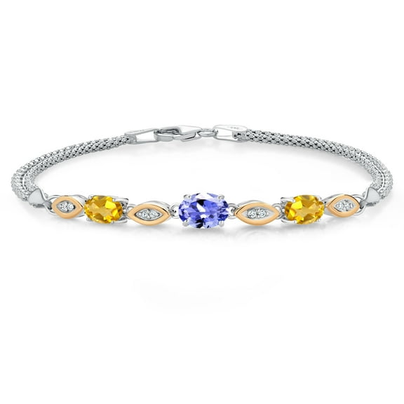 Gem Stone King 925 Silver and 10K Yellow Gold Blue Tanzanite and Yellow Citrine and White Lab Grown Diamond Bracelet for Women (1.71 Cttw, Gemstone December Birthstone, Oval, Wheat Chain, 6.5 inches)