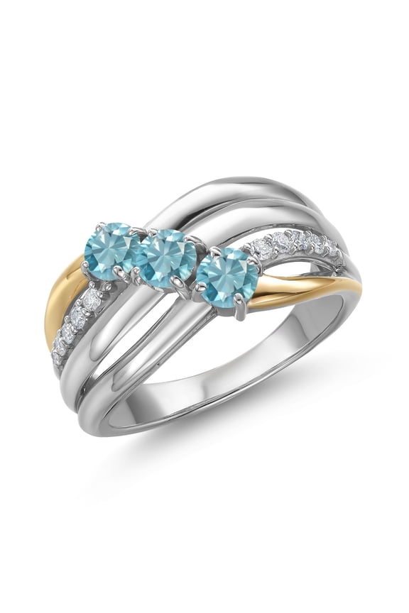925 Silver and 10K Yellow Gold Blue Zircon and Lab Grown Diamond Engagement Ring for Women | 1.65 Cttw | Round 4MM | Birthstone | Size 5