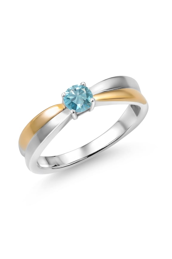 925 Silver and 10K Yellow Gold Blue Zircon Solitaire Engagement Ring for Women (0.50 Cttw, Round 4MM, Gemstone Birthstone, Available in Size 5, 6, 7, 8, 9)
