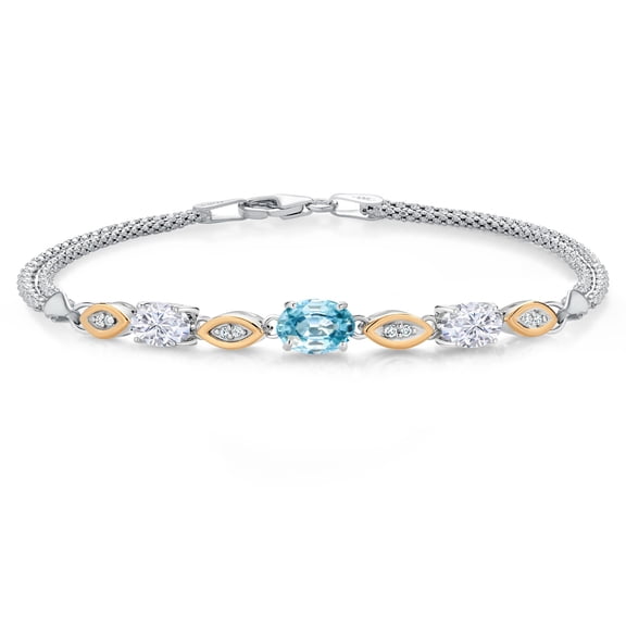 Gem Stone King 925 Silver and 10K Yellow Gold Blue Zircon and White Moissanite and White Lab Grown Diamond Bracelet for Women (2.31 Cttw, Gemstone, Oval, Wheat Chain, 7.5 inches)