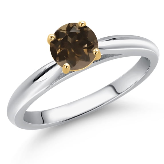 Gem Stone King 925 Silver and 10K Yellow Gold Brown Smoky Quartz Solitaire Engagement Ring for Women | 0.50 Cttw | Round 5MM | Gemstone Birthstone | Size 6