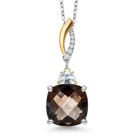 Gem Stone King 925 Silver and 10K Yellow Gold Brown Smoky Quartz and White Moissanite Pendant Necklace for Women | 6.33 Cttw | Gemstone Birthstone | Cushion Checkerboard 12MM | With 18 inch Chain