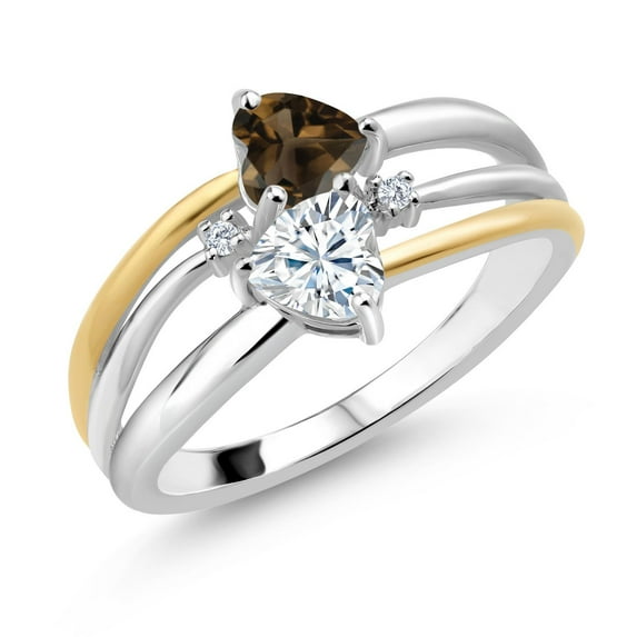 Gem Stone King 925 Silver and 10K Yellow Gold Brown Smoky Quartz and White Moissanite and White Lab Grown Diamond Band Ring for Women (0.88 Cttw, Gemstone, Heart Shape 5MM, Size 7)