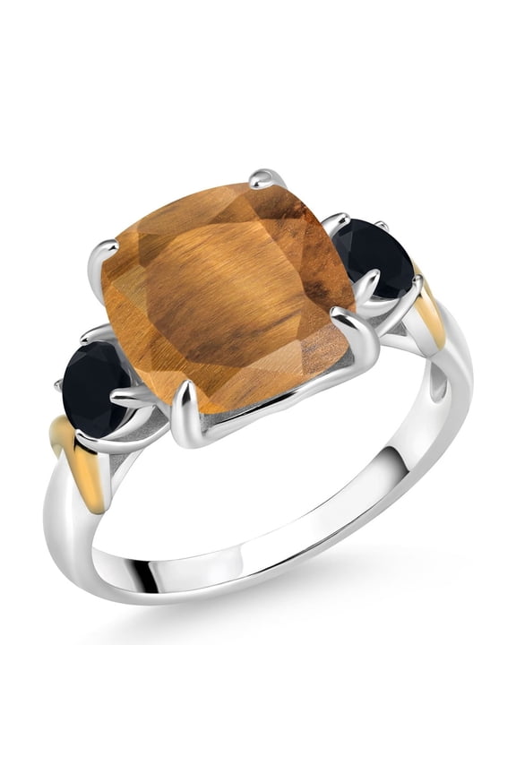 925 Silver and 10K Yellow Gold Brown Tiger Eye and Black Onyx 3 Stone Ring for Women (3.94 Cttw, Gemstone Birthstone, Cushion 10MM, Round 4MM, Size 8)