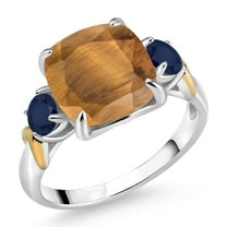 Gem Stone King 925 Silver and 10K Yellow Gold Brown Tiger Eye and Blue Sapphire 3 Stone Ring for Women (4.20 Cttw, Gemstone Birthstone, Cushion 10MM, Round 4MM, Size 8)