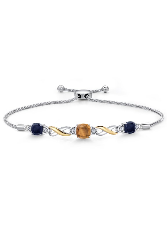 925 Silver and 10K Yellow Gold Brown Tiger Eye and Blue Sapphire and White Lab Grown Diamond Bracelet for Women | 2.49 Cttw | Gemstone | Cushion 6MM | Fully Adjustable 9 inch