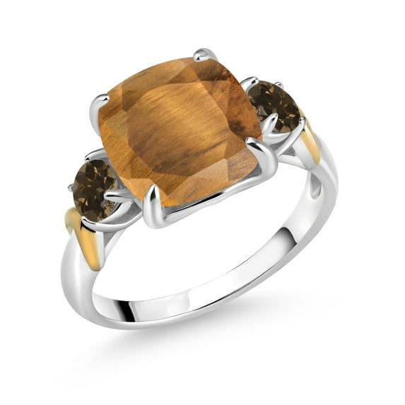Gem Stone King 925 Silver and 10K Yellow Gold Brown Tiger Eye and Brown Smoky Quartz 3 Stone Ring for Women (4.02 Cttw, Gemstone Birthstone, Cushion 10MM, Round 4MM, Size 5)