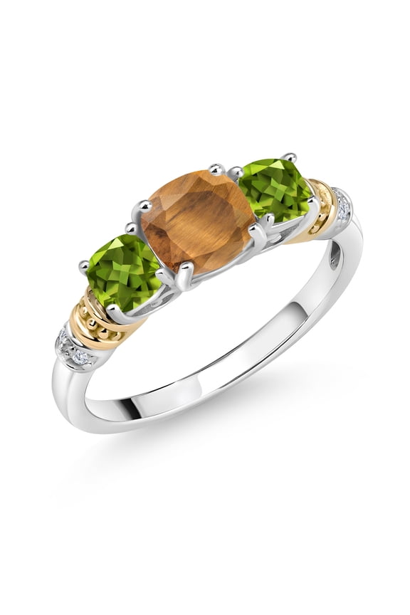 925 Silver and 10K Yellow Gold Brown Tiger Eye and Green Peridot and Diamond 3-Stone Ring for Women (1.68 Cttw, Gemstone Birthstone, Cushion 6MM and 4MM, Size 5)