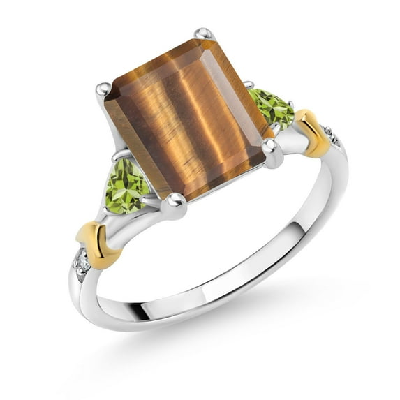 Gem Stone King 925 Silver and 10K Yellow Gold Brown Tiger Eye and Green Peridot and Diamond Engagement Ring for Women (3.38 Cttw, Emerald Cut 10X8MM, Trillion 3.5MM, Size 7)