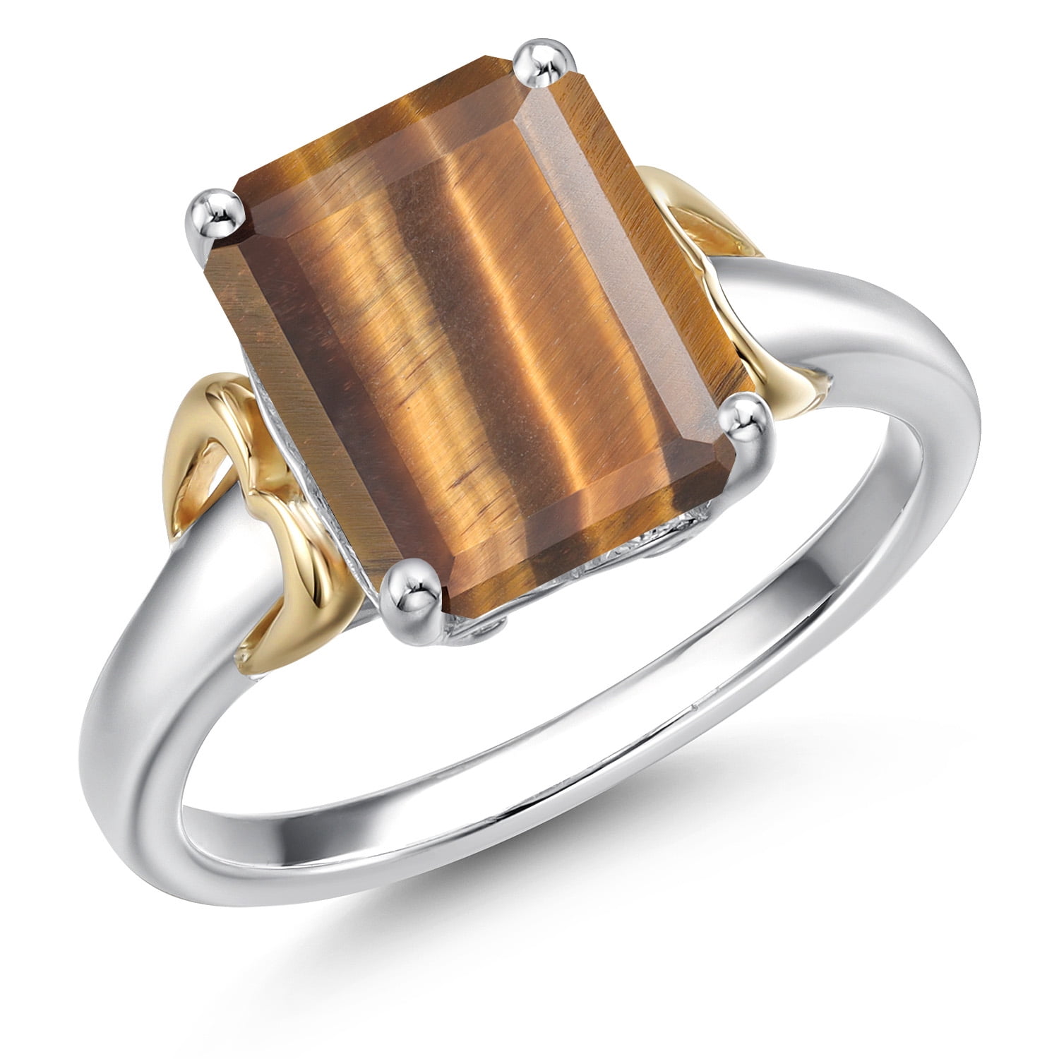 Gem Stone King 925 Silver and 10K Yellow Gold Brown Tiger Eye Solitaire Engagement Ring for Women | 3.00 Cttw | Emerald Cut 10X8MM | Gemstone Birthstone | Size 8