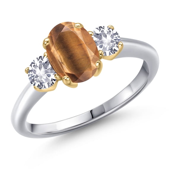 Gem Stone King 925 Silver and 10K Yellow Gold Brown Tiger Eye and White Created Sapphire Engagement Ring for Women | 1.75 Cttw | Oval 8X6MM | Gemstone Birthstone | Size 7