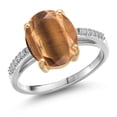 thumbnail image 1 of Gem Stone King 925 Silver and 10K Yellow Gold Brown Tiger Eye and White Lab Grown Diamond Engagement Ring for Women | 4.08 Cttw | Oval 12X10MM | Gemstone Birthstone | Size 9, 1 of 6