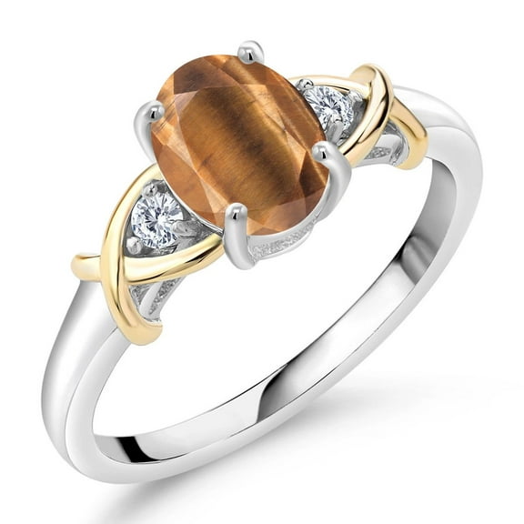 Gem Stone King 925 Silver and 10K Yellow Gold Brown Tiger Eye and White Lab Grown Diamond Ring for Women | 1.33 Cttw | Gemstone Birthstone | Size 7