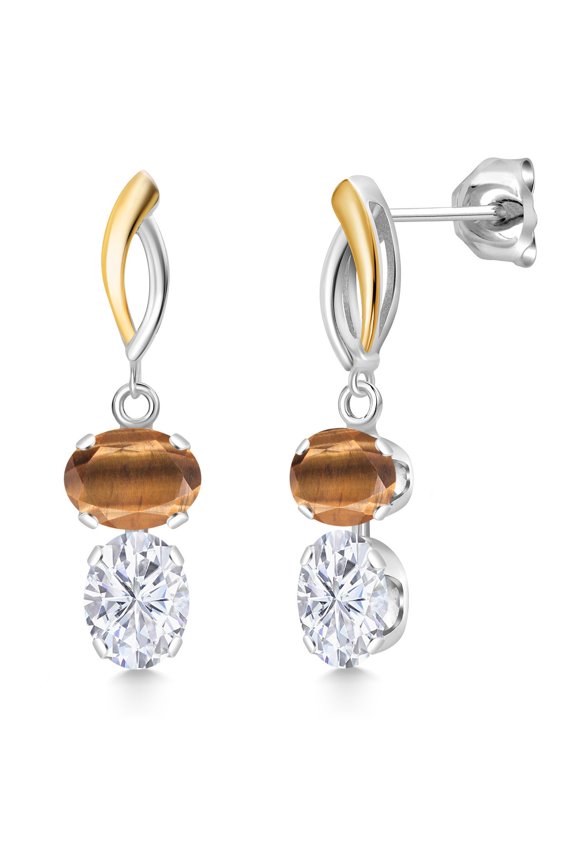 925 Silver and 10K Yellow Gold Brown Tiger Eye and White Moissanite Dangle Earrings for Women | 5.50 Cttw | Gemstone Birthstone | Oval 8X6MM