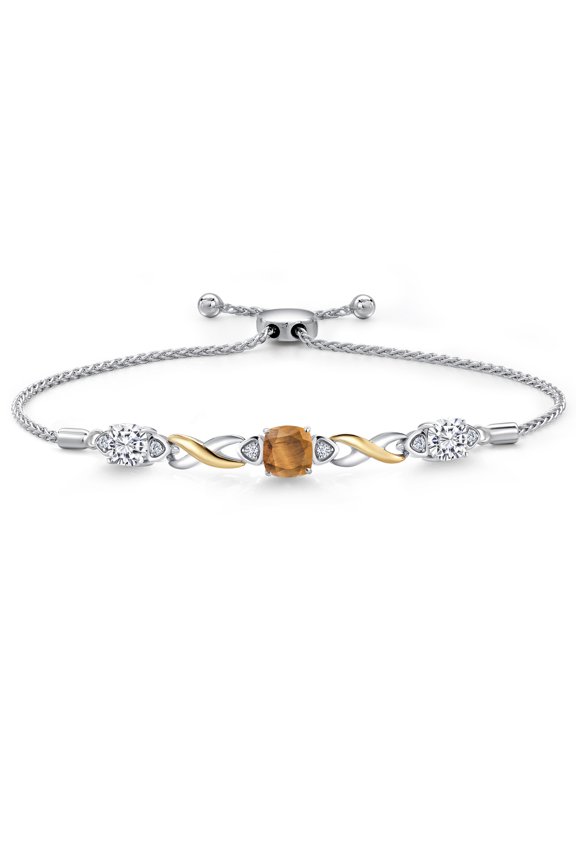 925 Silver and 10K Yellow Gold Brown Tiger Eye and White Moissanite and White Lab Grown Diamond Bracelet for Women | 2.35 Cttw | Gemstone | Cushion 6MM | Fully Adjustable 9 inch