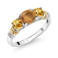 thumbnail image 1 of Gem Stone King 925 Silver and 10K Yellow Gold Brown Tiger Eye and Yellow Citrine and Diamond 3-Stone Ring for Women (1.63 Cttw, Gemstone Birthstone, Cushion 6MM and 4MM, Size 7), 1 of 3