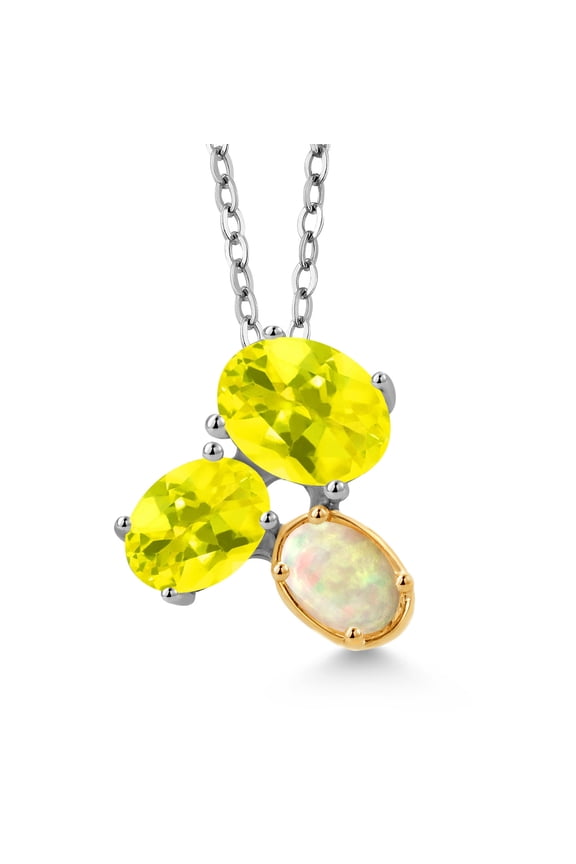 925 Silver and 10K Yellow Gold Canary Mystic Topaz and White Ethiopian Opal Pendant Necklace for Women (2.68 Cttw, Oval 8X6MM, 7X5MM and 6X4MM, Gemstone, with 18 inch Chain)