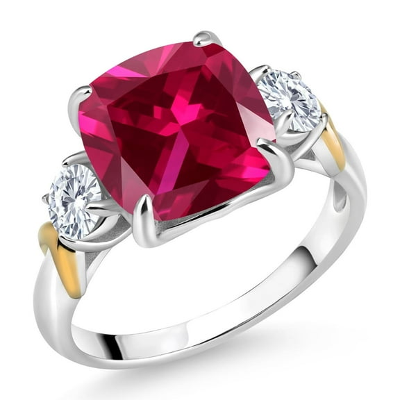 Gem Stone King 5.46 Cttw Created Ruby and Moissanite 3-Stone Ring for Women | 925 Silver and 10K Yellow Gold |Gemstone July Birthstone | Cushion 10MM | Round 4MM | Size 6