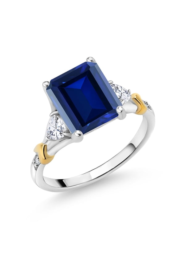 925 Silver and 10K Yellow Gold Created Sapphire and Moissanite and Diamond Engagement Ring for Women (4.34 Cttw, Emerald Cut 10X8MM, Trillion 3.5MM, Size 9)