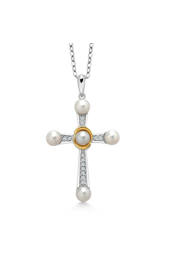 925 Silver and 10K Yellow Gold Cultured Freshwater Pearl and Lab Grown Diamond Cross Pendant Necklace for Women | 0.10 Cttw | Round 4-4.5MM Pearls | 18 inch Chain