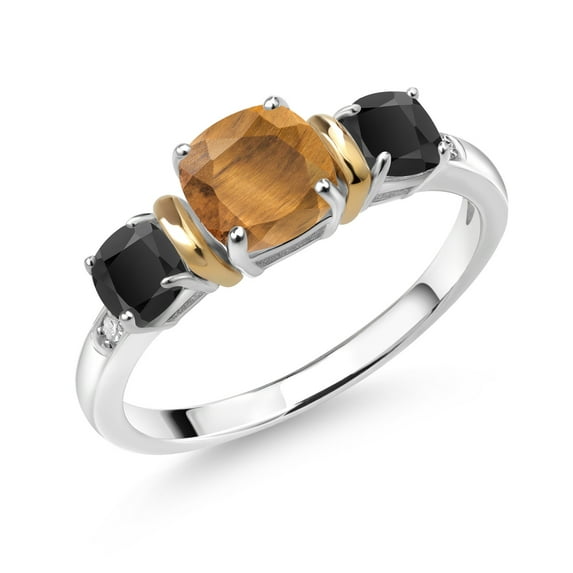 Gem Stone King 925 Silver and 10K Yellow Gold Cushion Brown Tiger Eye and Black Onyx Ring for Women (1.58 CtTW, Gemstone Birthstone, Size 9)