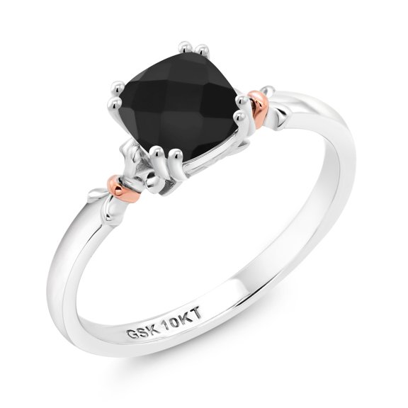 Gem Stone King 925 Silver and 10K Yellow Gold Cushion Checkerboard Black Onyx Women Solitaire Ring (0.92 Cttw, Gemstone Birthstone, Available in Size 5, 6, 7, 8, 9)