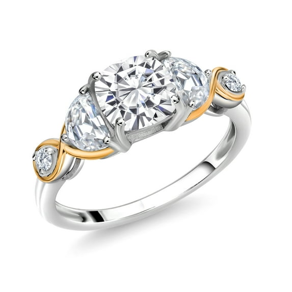 Gem Stone King 1.76 Cttw Cushion and Half Moon Moissanite and White Lab Grown Diamond 3-Stone Engagement Ring for Women | 925 Silver and 10K Yellow Gold | Available in Size 5, 6, 7, 8, 9