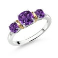 thumbnail image 1 of Gem Stone King 925 Silver and 10K Yellow Gold Cushion Purple Amethyst and Diamond 3-Stone Women Ring 1.57 Cttw, Gemstone Birthstone (Size 8), 1 of 3