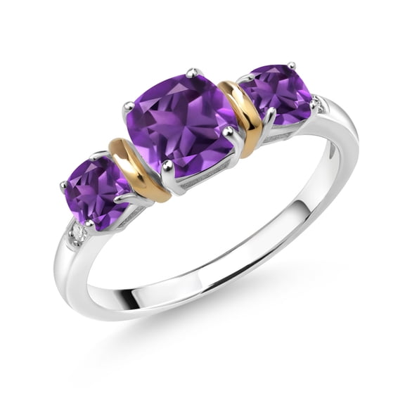 Gem Stone King 925 Silver and 10K Yellow Gold Cushion Purple Amethyst and Diamond 3-Stone Women Ring 1.57 Cttw, Gemstone Birthstone (Size 5)