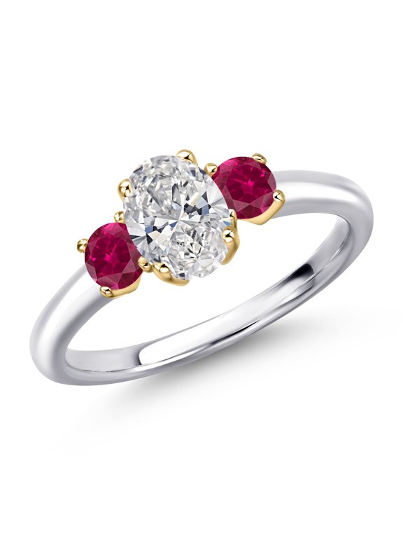 925 Silver and 10K Yellow Gold DEF Lab Grown Diamond and Red Created Ruby Engagement Ring for Women | 1.20 Cttw | Oval 7X5MM | Gemstone April Birthstone | Size 9