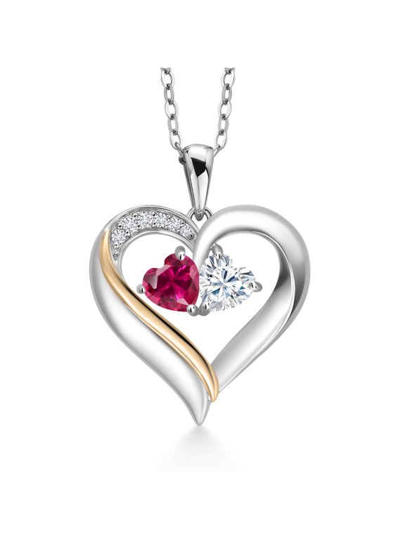 925 Silver and 10K Yellow Gold Double Heart Shape White Moissanite Red Created Ruby and Lab Grown Diamond Pendant Necklace for Women | 1.13 Cttw | 18 inch Chain